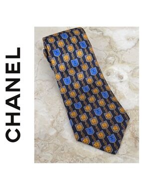 CHANEL CC Logo Chain Pattern 100% Silk Tie Multi-Colour Authentic